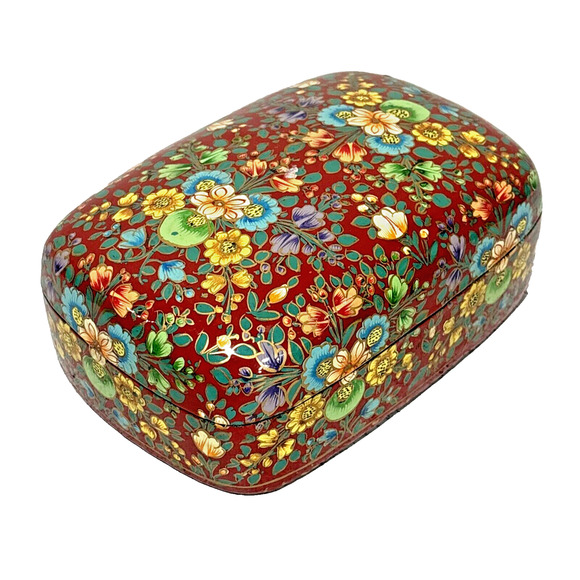 Lacquered Trinket Keepsake Jewelry Box Ethnic Crafts Multicolor Kashimiri Floral - Picture 1 of 10